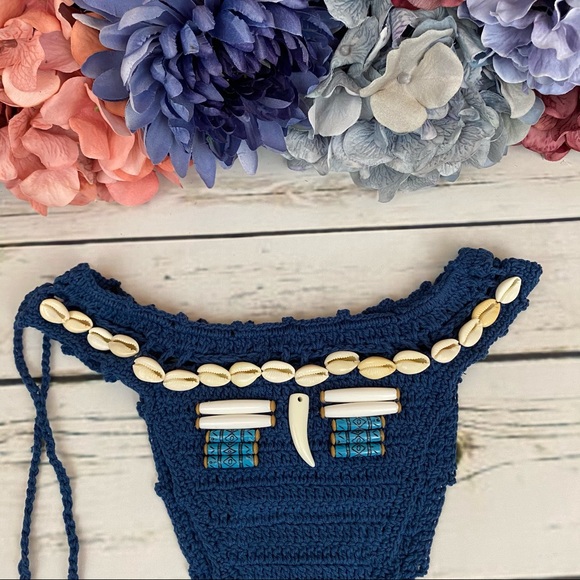 Boho Handmade Blue Shell Crochet Bikini with Beads - Picture 11 of 16